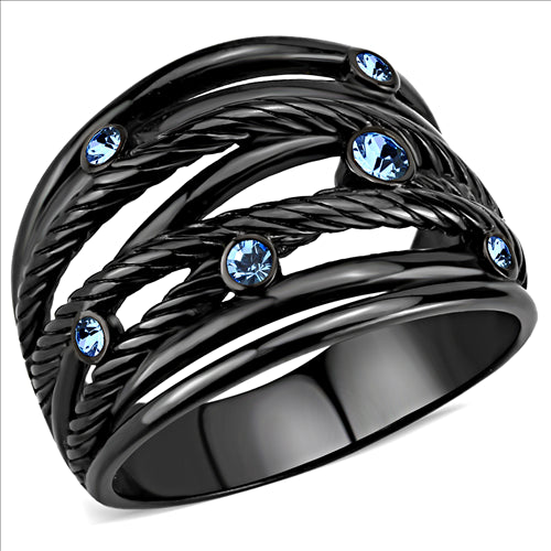 CJE3564 Wholesale Women&#39;s Stainless Steel IP Black Top Grade Crystal Sea Blue Ring