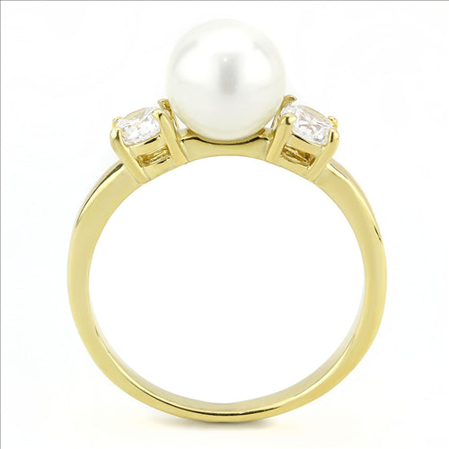 CJE3567 Wholesale Women&#39;s Stainless Steel IP Gold Synthetic Minimal White Pearl Ring