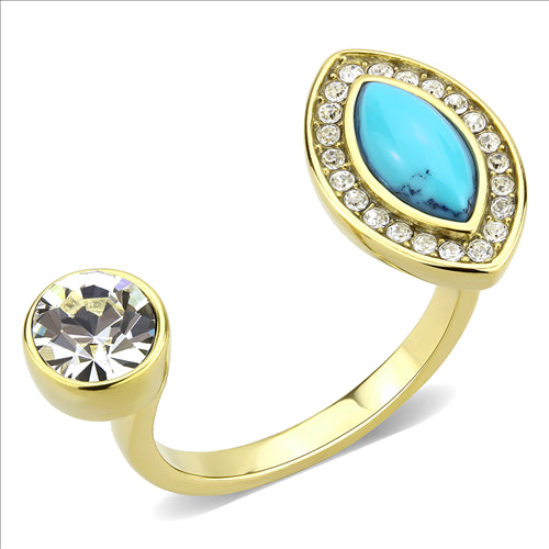 CJE3592 Wholesale Women&#39;s Stainless Steel IP Gold Synthetic Turquoise Ring
