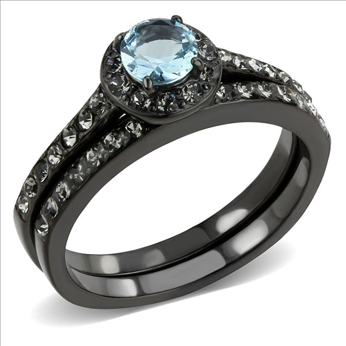 CJE3634 Wholesale Women&#39;s Stainless Steel IP Black Synthetic Sea Blue Ring Set