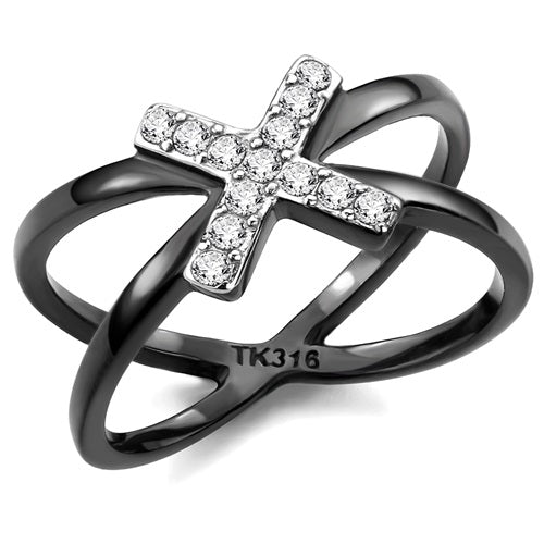 CJE3635 Wholesale Women&#39;s Stainless Steel Two-Tone IP Black AAA Grade CZ Clear X Ring