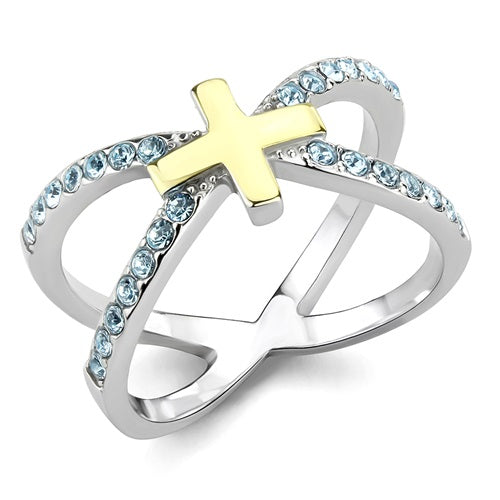 CJE3636 Wholesale Women&#39;s Stainless Steel Two-Tone IP Gold Top Grade Crystal Sea Blue Cross Ring