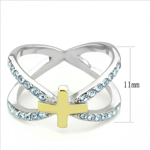 CJE3636 Wholesale Women&#39;s Stainless Steel Two-Tone IP Gold Top Grade Crystal Sea Blue Cross Ring