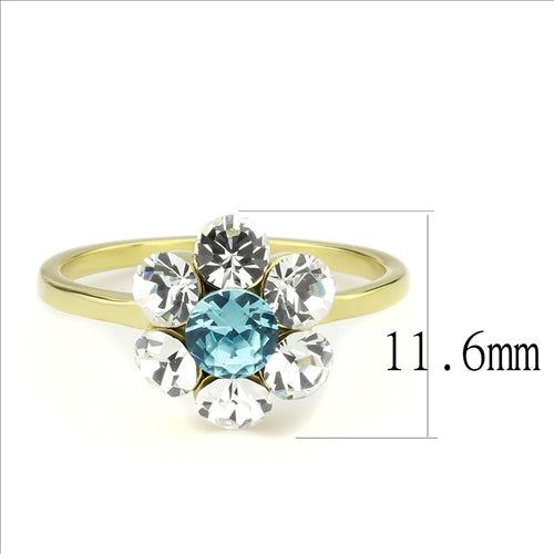 CJE3642 Wholesale Women&#39;s Stainless Steel IP Gold Synthetic Sea Blue Floral Ring