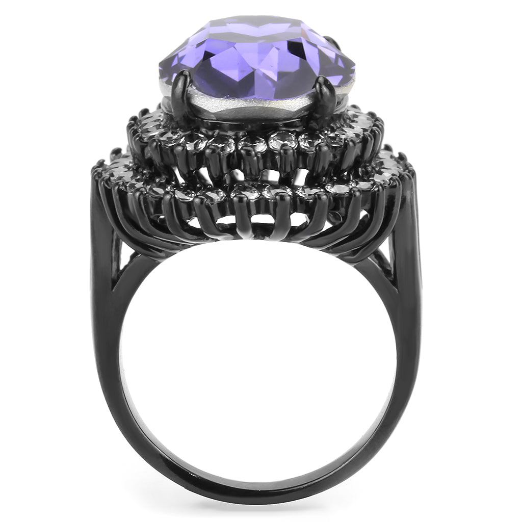 CJ3687 Wholesale Women&#39;s Stainless Steel IP Black Top Grade Crystal Tanzanite Purple Statement Ring