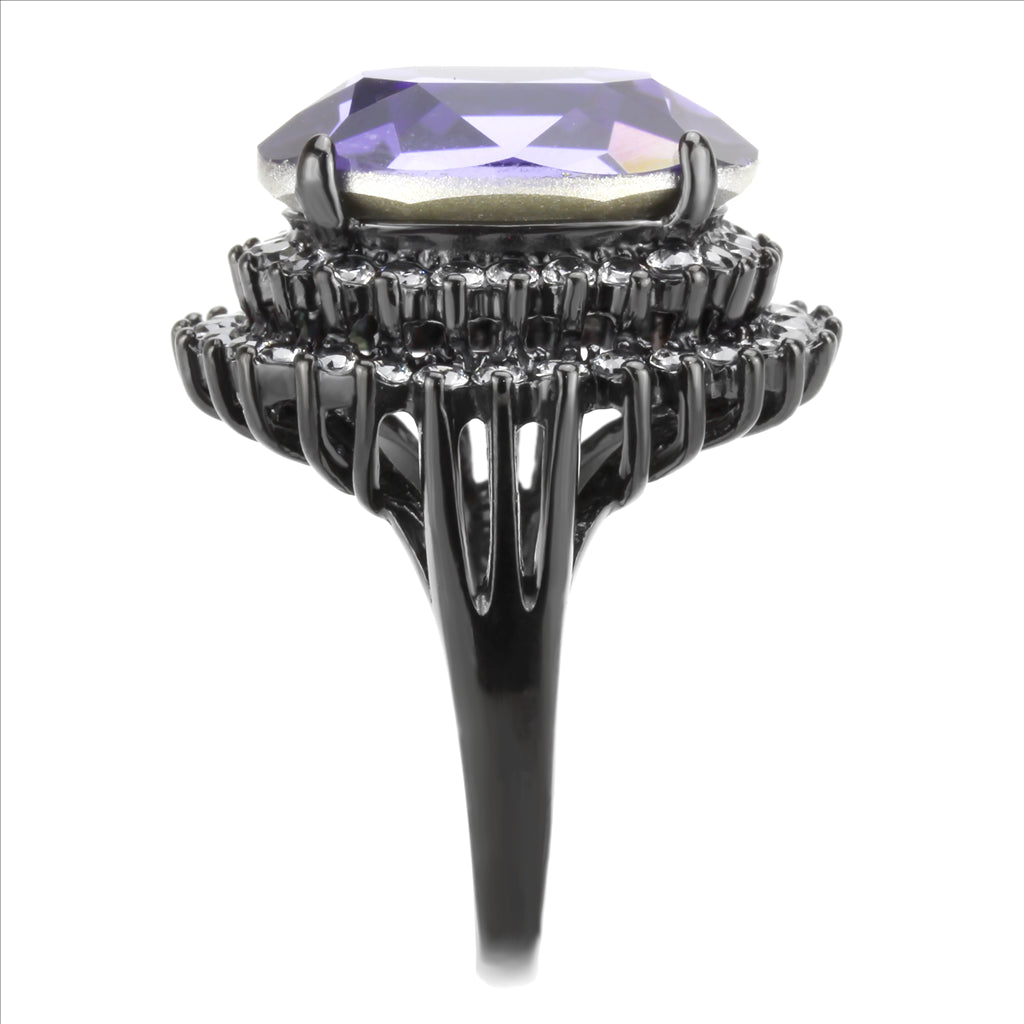 CJ3687 Wholesale Women&#39;s Stainless Steel IP Black Top Grade Crystal Tanzanite Purple Statement Ring