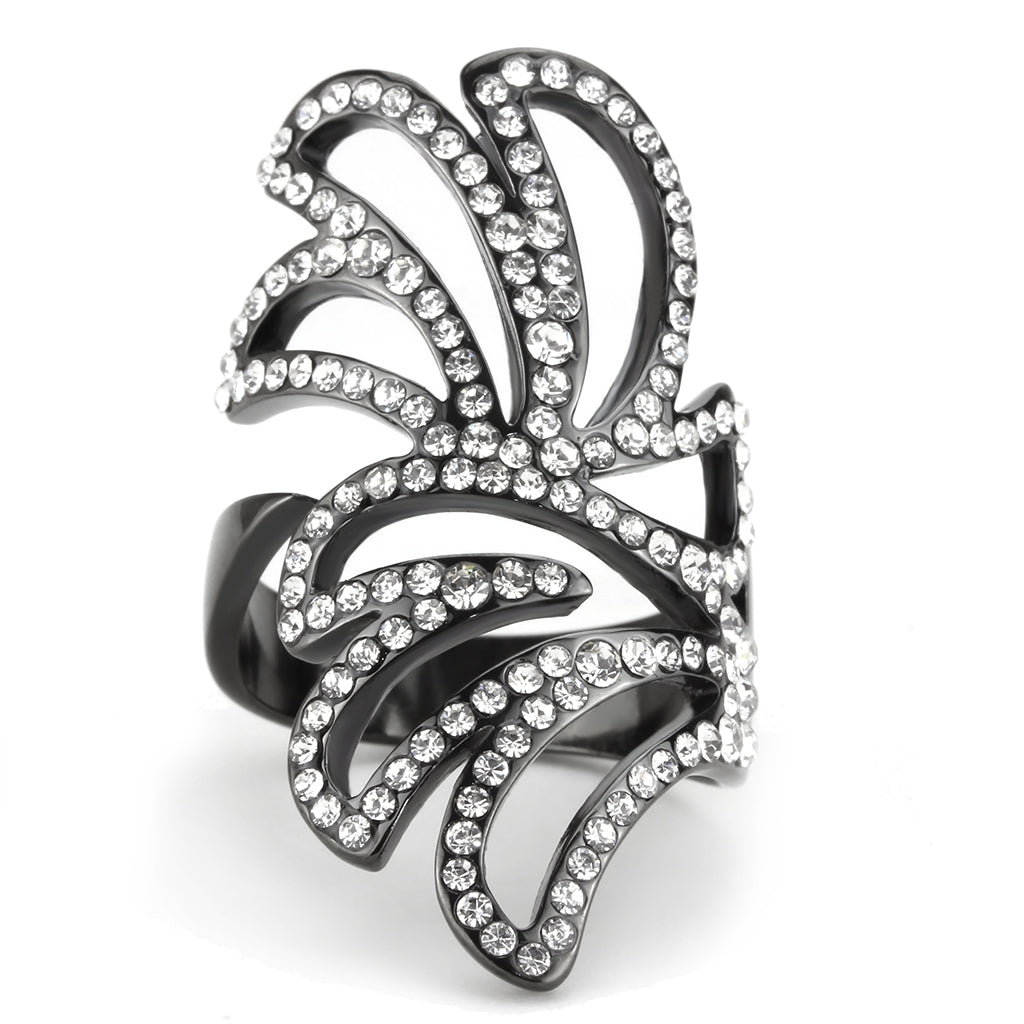 CJ3688 Wholesale Women&#39;s Stainless Steel IP Light BlackTop Grade Crystal Clear Floral Cutout Design Ring