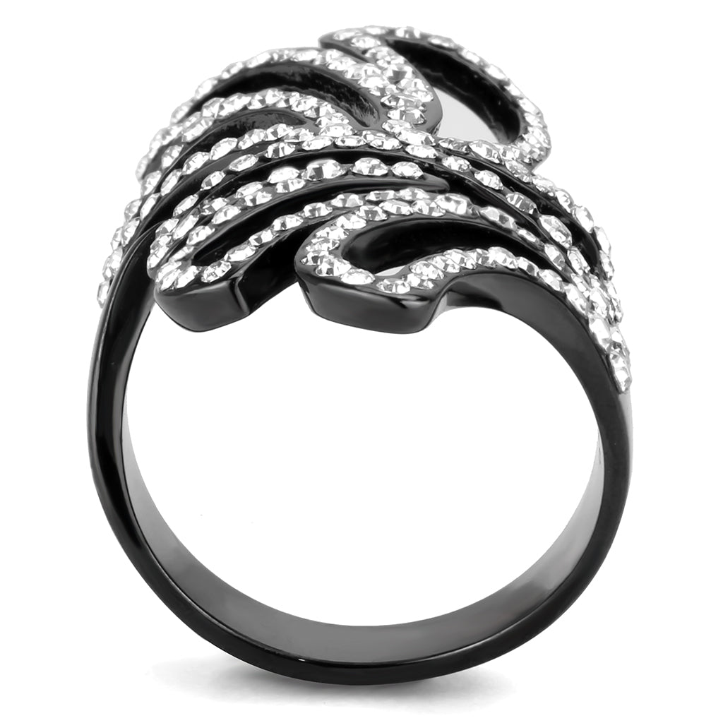 CJ3688 Wholesale Women&#39;s Stainless Steel IP Light BlackTop Grade Crystal Clear Floral Cutout Design Ring