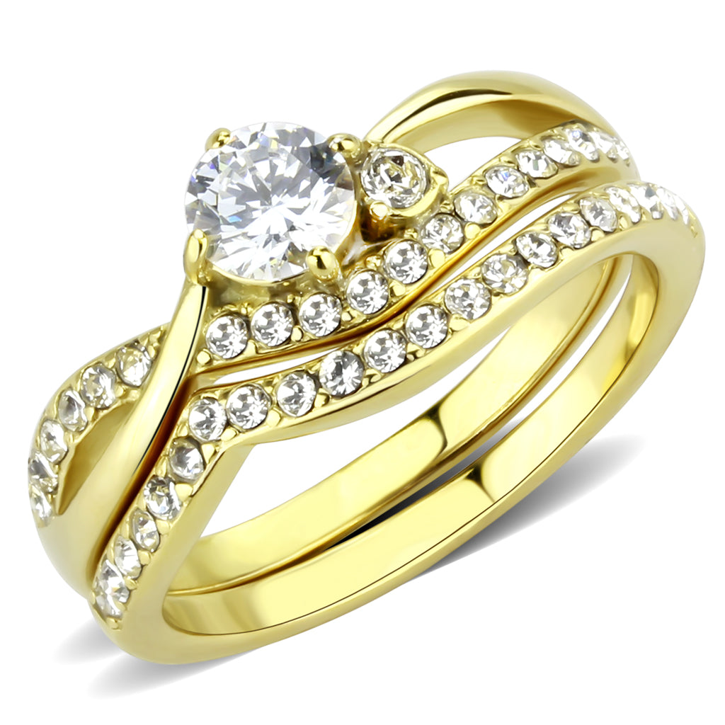 CJ3708 Wholesale Women&#39;s Stainless Steel IP Gold AAA Grade CZ Clear Solitaire Stackable Ring