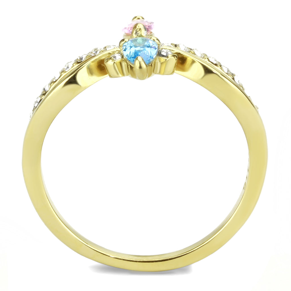 CJ3712 Wholesale Women&#39;s Stainless Steel IP Gold AAA Grade CZ Multi Color Blue &amp; Pink Minimal Ring