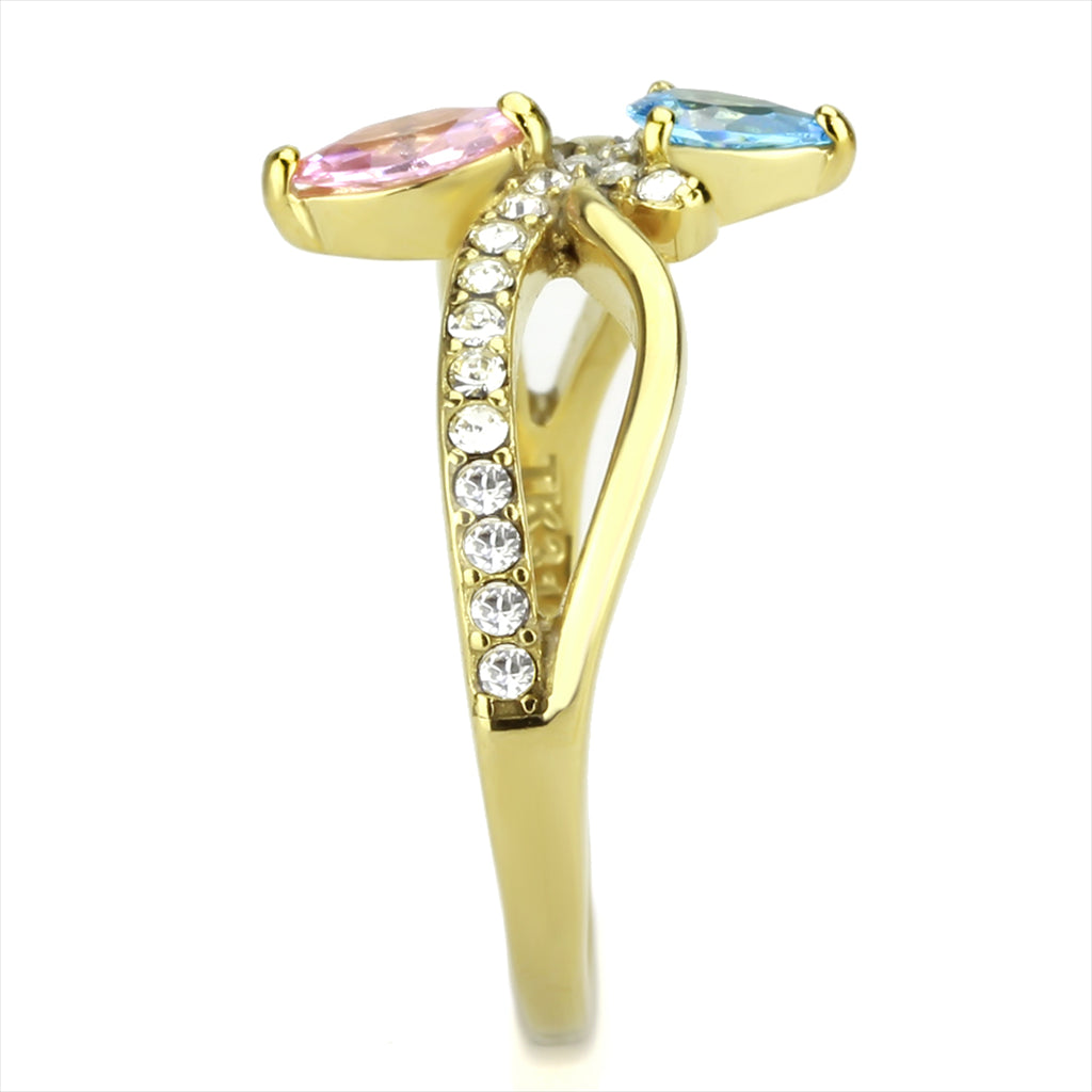 CJ3712 Wholesale Women&#39;s Stainless Steel IP Gold AAA Grade CZ Multi Color Blue &amp; Pink Minimal Ring