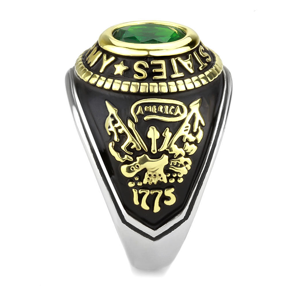 CJ3724 Wholesale Unisex Stainless Steel Two-Tone IP Gold Synthetic Emerald United States Army Military Ring