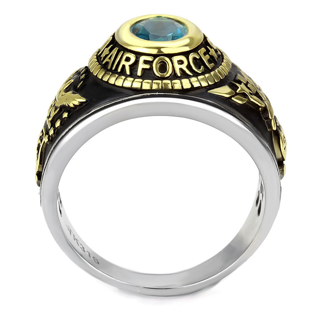 CJ3725 Wholesale Unisex Stainless Steel Two-Tone IP Gold Synthetic Sea Blue United States Air Force Military Ring