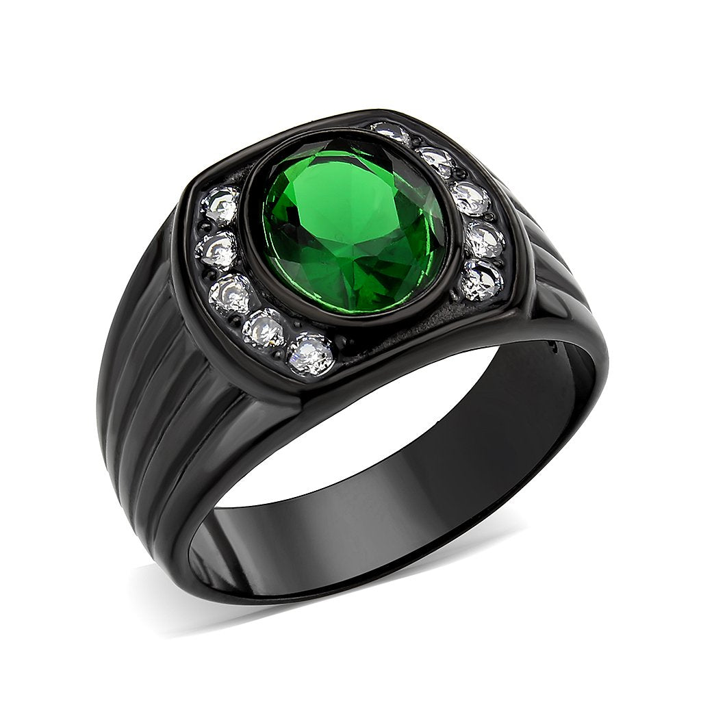 CJ3764 Wholesale Men&#39;s Stainless Steel IP Black Oval Emerald Ring