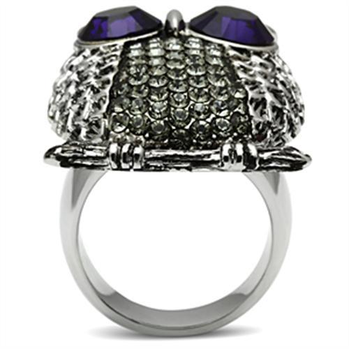 CJ399 Wholesale Women&#39;s Stainless Steel Top Grade Crystal Amethyst Purple Eyed Owl Ring