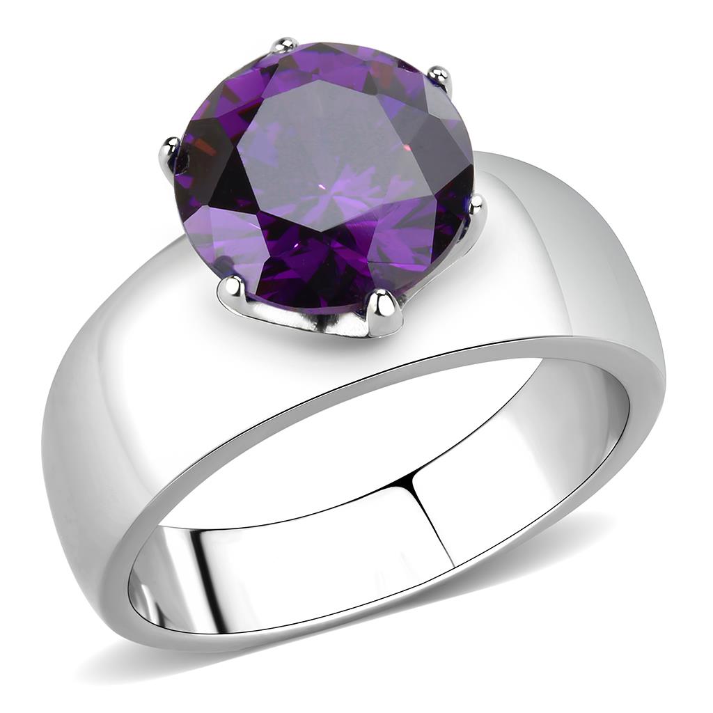 CJ52002 Wholesale Women&#39;s Stainless Steel AAA Grade CZ Amethyst Round Solitaire Ring
