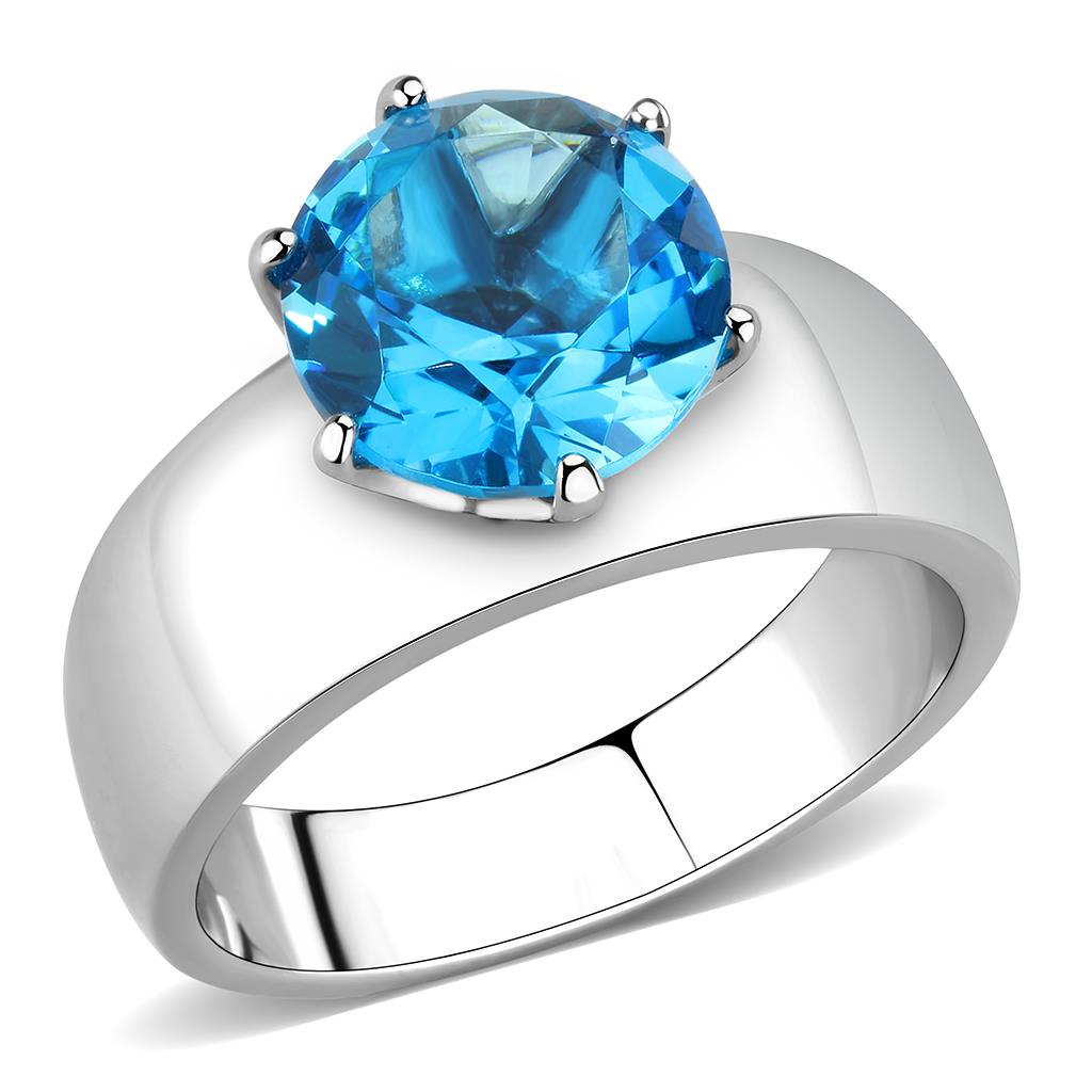 CJ52003 Wholesale Women&#39;s Stainless Steel Synthetic Sea Blue Round Solitaire Ring