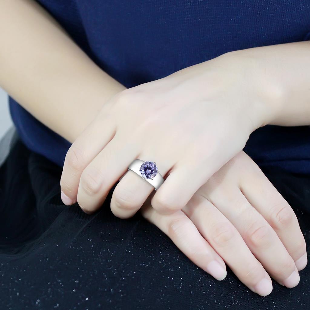 CJ52006 Wholesale Women&#39;s Stainless Steel AAA Grade CZ Light Amethyst Round Solitaire Ring