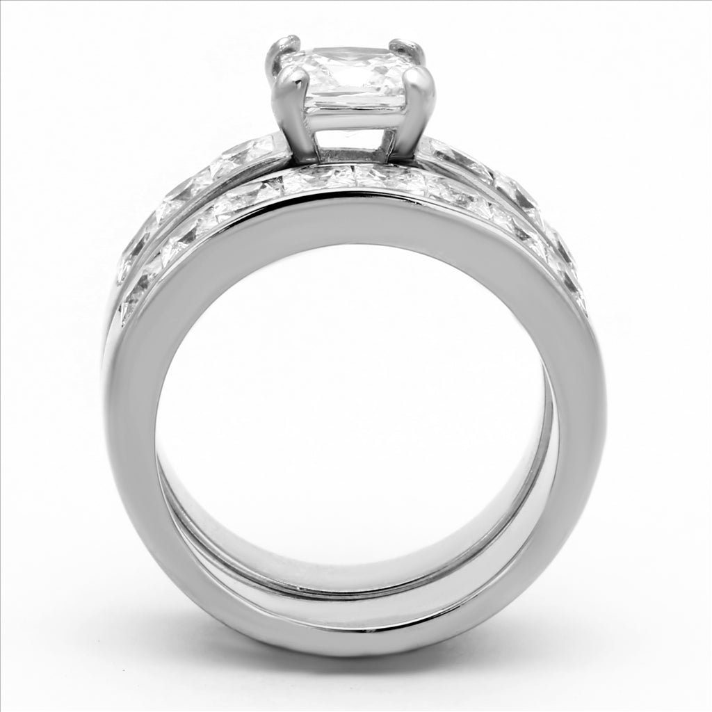 CJE61206 Wholesale Stainless Steel CZ Princess Cut Eternity Wedding Ring Set