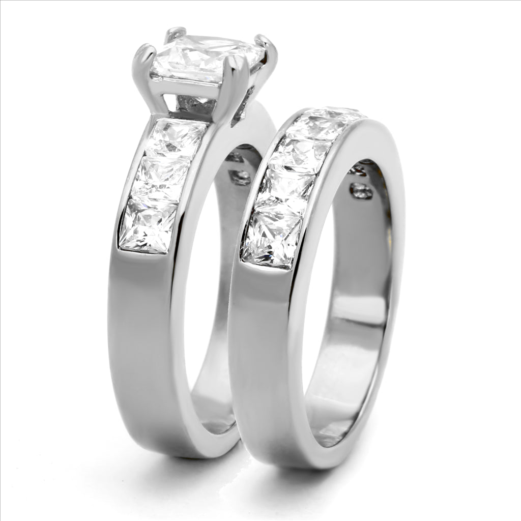 CJE61206 Wholesale Stainless Steel CZ Princess Cut Eternity Wedding Ring Set