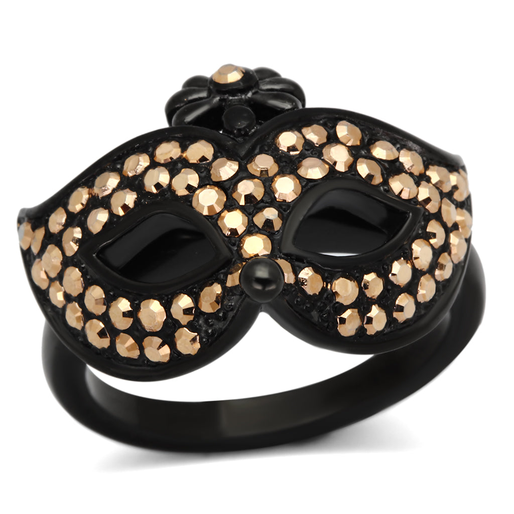 CJ981 Wholesale Women&#39;s Stainless Steel IP Black Top Grade Crystal Metallic Light Gold Masquerade Mask Ring