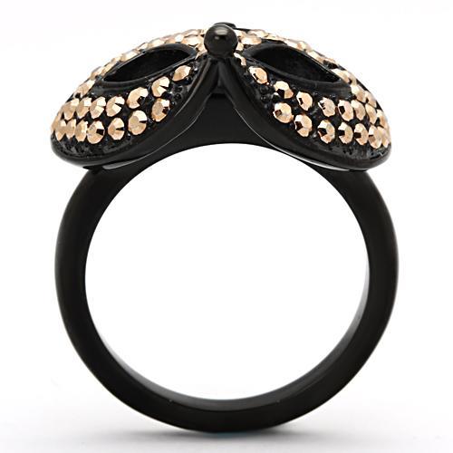 CJ981 Wholesale Women&#39;s Stainless Steel IP Black Top Grade Crystal Metallic Light Gold Masquerade Mask Ring
